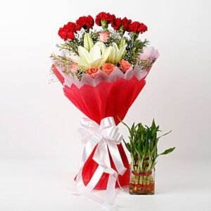 Mixed Flowers Bouquet & Bamboo Plant