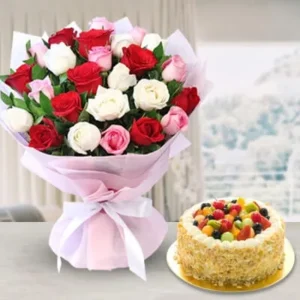 Flowers & Cake Combo - Bouquet of Red, Pink & White Roses & Cake